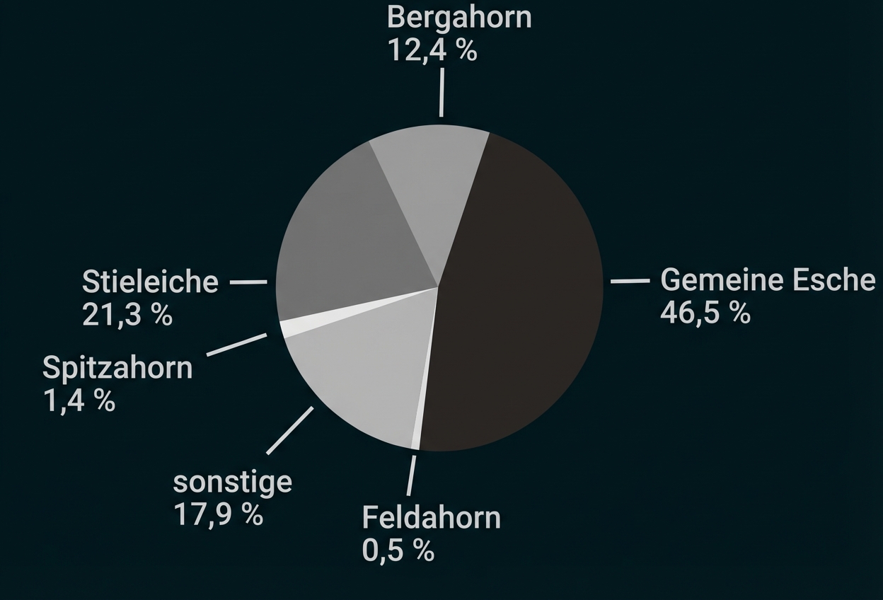 Kreisdiagramm: Baumartenanteile - Gemeine Esche 46,5%, Stieleiche 21,3%, Bergahorn 12,4%, sonstige 17,9%, Spitzahorn 1,4%, Feldahorn 0,5%